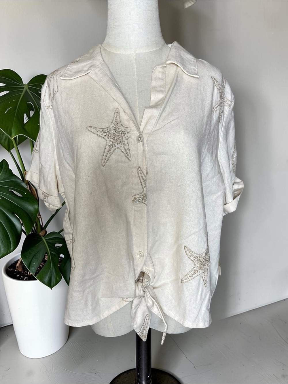 Calligraphie Linen Blend Beach Shirt Starfish Shell Coastal Button Up Large